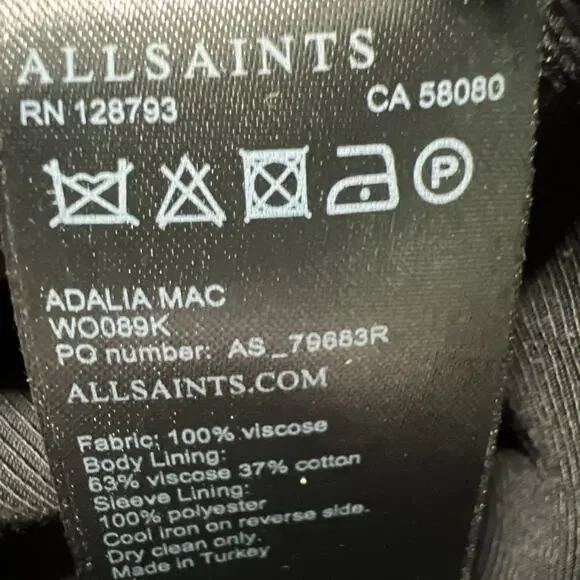 ALLSAINTS Adalia Mac Trench Coat Black US SZ 4 Lightweight Double Breasted